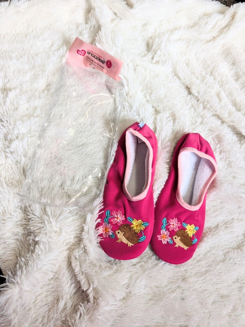 Snoozies! Pink Hedgehog Embroidered Slip On Slippers Rubber Sole Size Large 9/10